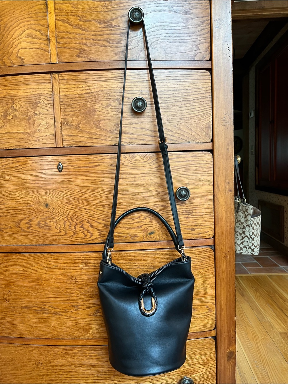 Anthropologie Black AOTA Twist Tie Top Handle Bucket Bag Crossbody - Picture 10 of 13